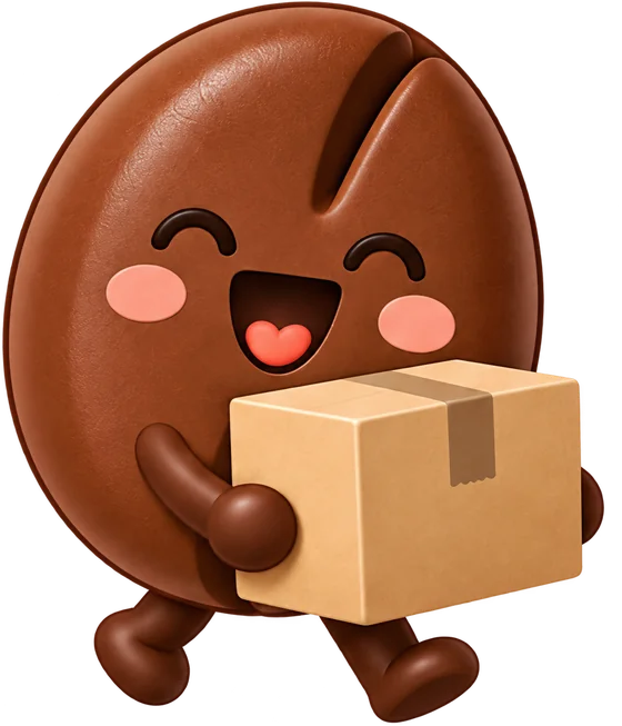 CoffeeCong coffee bean character carrying a box